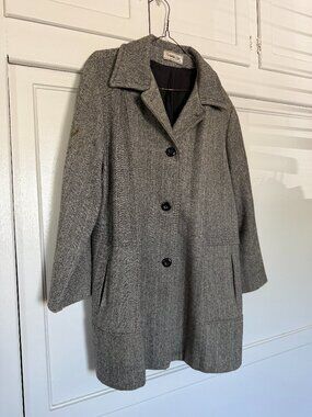 Vintage 1960s Herman Kay Herringbone Swing Coat Gray Tweed USA Women’s L/XL